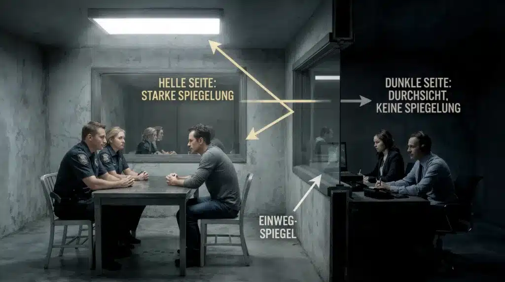 Einwegspiegel Simulator zeigt Spiegelfolie Fenster Effekt: Helle Seite mit starker Spiegelung, dunkle Seite ohne. Ideal für Sichtschutz & mehr. Aber nicht immer.