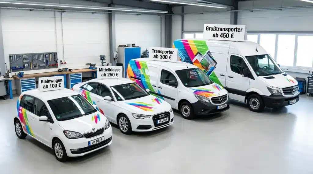 Fahrzeugbeschriftung -Preisübersicht 2026: für Kleinwagen, Mittelklasse, Transporter & Großtransporter.