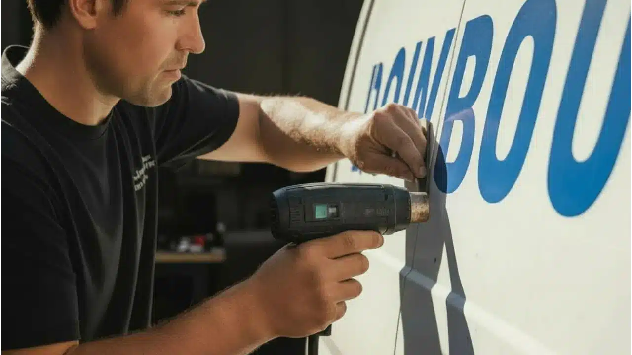 Fahrzeugbeschriftung Entfernen: Fachmann löst Folie mit Heißluft. Car Wrapping Know-how für Werbetechnik & Flottenbeschriftung.
