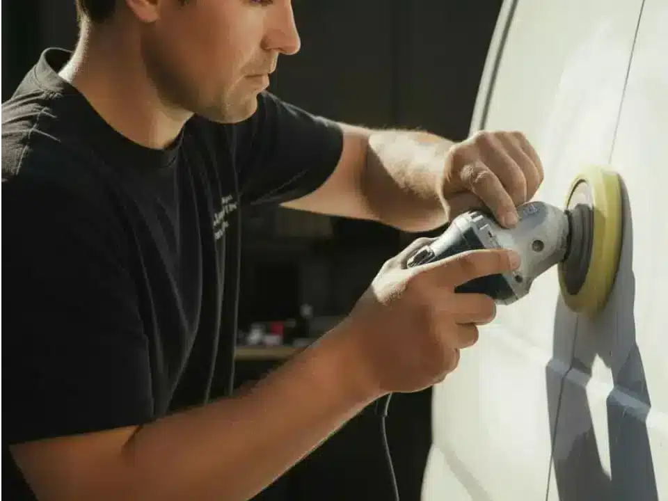 Fachmann entfernt Folie von Transporter. Präzise Arbeit für saubere Fahrzeugbeschriftung. Werbetechnik für optimalen Auftritt.