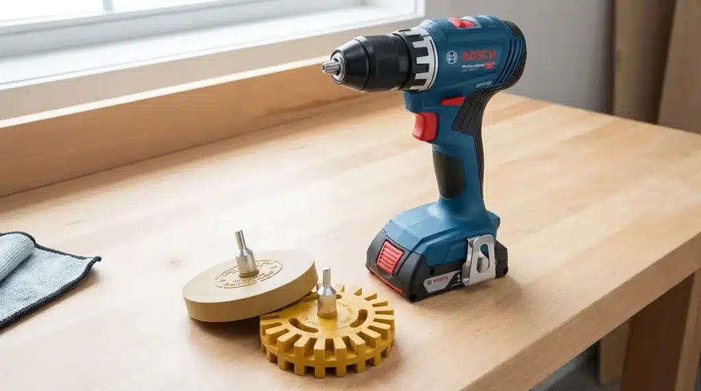 Akkuschrauber mit Folienradierer-Aufsätzen zum Entfernen von Fahrzeugbeschriftung & Werbefolien. Effektives Werkzeug für Car Wrapping.