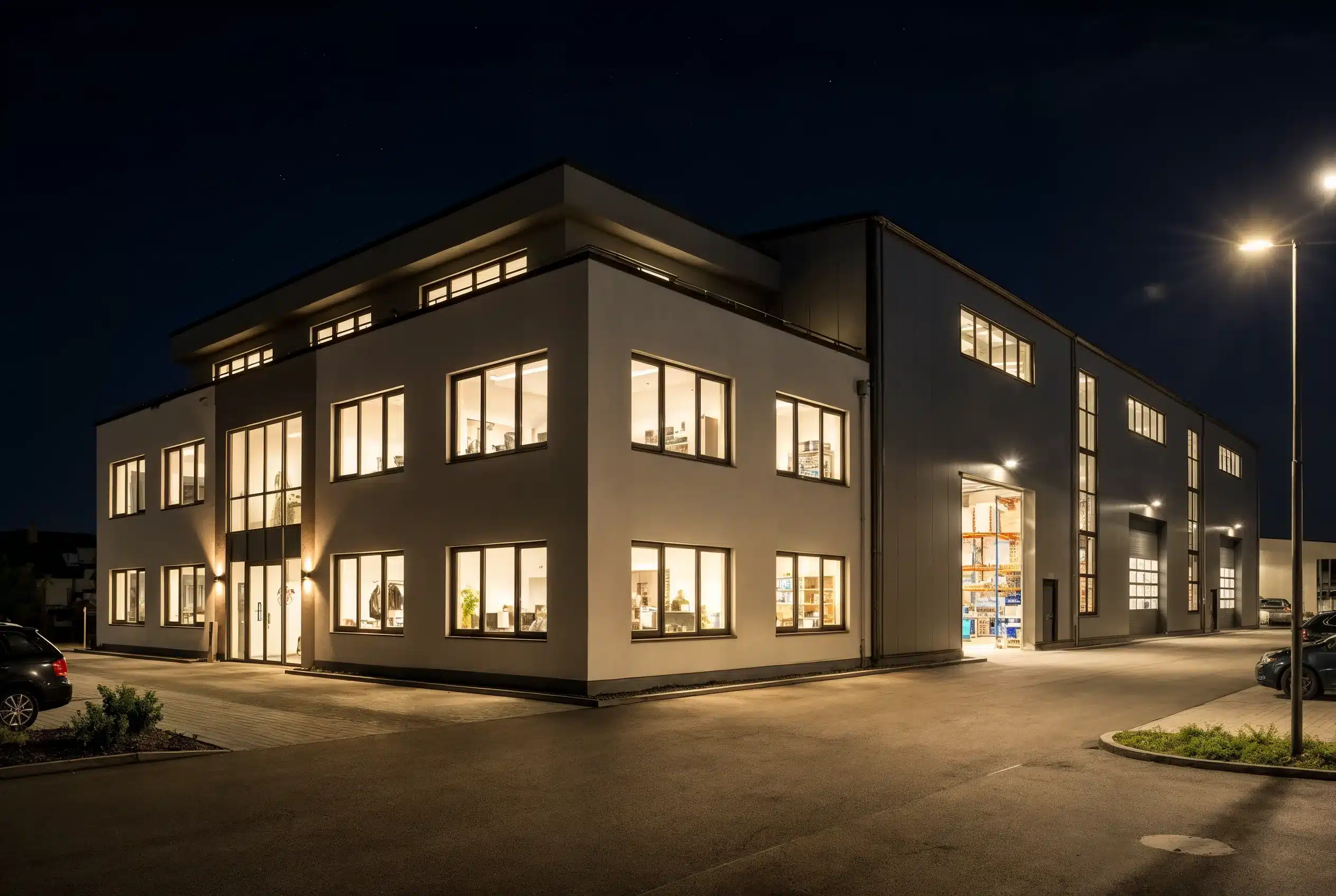 Bürogebäude bei Nacht zeigt Effektumkehr von Spiegelfolie Fenster: Innenraum ist bei Beleuchtung von außen einsehbar