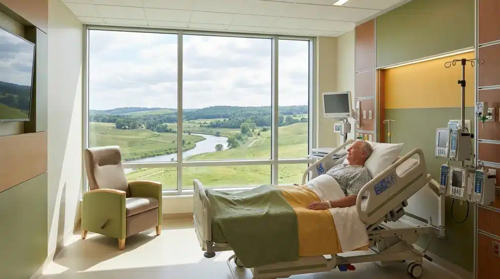 Intensivzimmer mit Patient im Bett, Blick durch Fenster auf weite Landschaft. Intensivstation mit beruhigendem Ausblick, hell und freundlich.