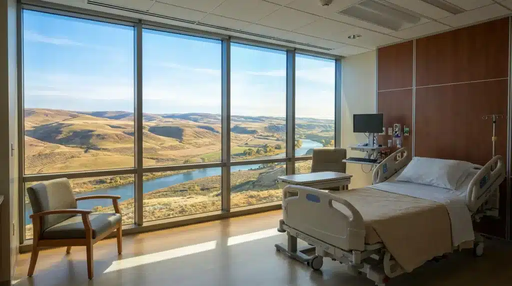Helles Intensivzimmer mit Panoramablick: Flusslandschaft durch Fenster. Krankenhauszimmer mit Bett und Stuhl. Intensivstation mit Aussicht.